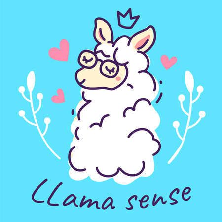 Vector romantic illustration of beautiful fluffy white llama with crown, glasses, flower and heart on blue color background. Line art style design for web, site, banner, greeting card, invitation, stickerのイラスト素材