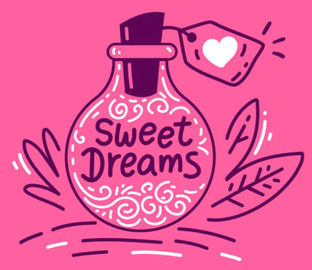 Vector romantic illustration of magic bottle with sweet dream on pink color background. Line art style design for web, site, banner, greeting card, posterのイラスト素材