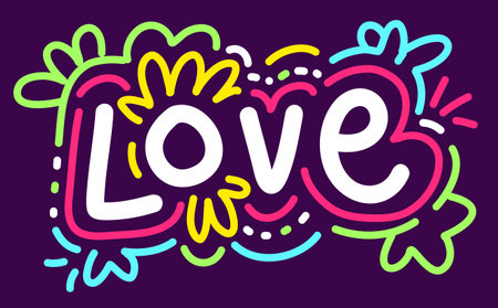 Vector romantic colorful illustration of word love in frame on dark background. Line art style design for web, site, banner, greeting card, posterのイラスト素材