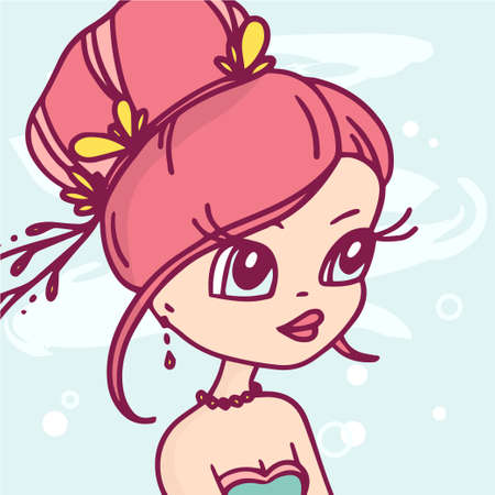 Vector illustration of profile portrait of beautiful girl with necklace and hairstyle on blue color background. Line art style of a cute girl for web, site, party card, invitation, posterのイラスト素材