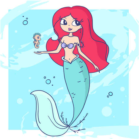 Vector illustration of little mermaid with long red color hair and fish tail with sea horse on blue water background with frame. Line art style of a cute girl for web, party card, invitation, posterのイラスト素材