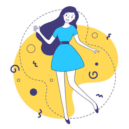 Vector illustration of a fashion smiling girl with dark hair in blue dress on yellow background. Line art style of happy girl for web, site, card, bannerのイラスト素材