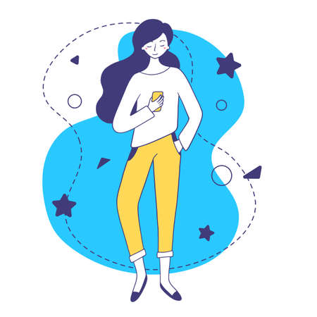 Vector illustration of a fashion girl with dark hair in yellow pants holding phone on blue background with star. Line art style of girl for web, site, card, bannerのイラスト素材