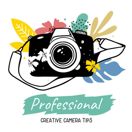 Vector illustration of black slr photo camera with flower and strap on white background with text. Flat line art style design of professional photo camera for web, site, poster, banner, print, stickerのイラスト素材