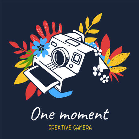 Vector illustration of retro photo camera with flower on black background with text. Flat line art style design of photo camera for web, site, poster, banner, print, stickerのイラスト素材