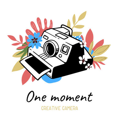 Vector illustration of instant print photo camera on white background with flower and text. Flat line art style design of photo camera for web, site, poster, banner, print, stickerのイラスト素材