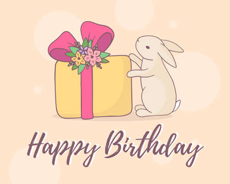 Vector birthday illustration with rabbit and gift box with flower on light background. Birthday celebration line art design for web, site, greeting card, poster, printのイラスト素材