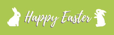 Vector easter banner with two rabbit and text happy easter on green background. Spring holiday...