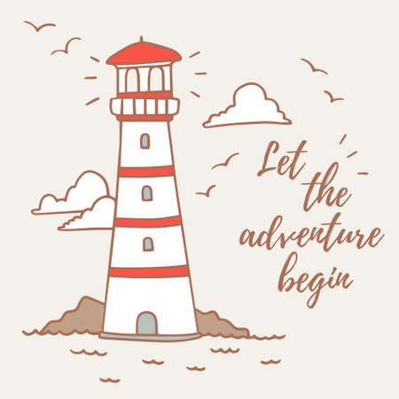 Vector illustration of lovely color striped lighthouse with text on light background with cloud and gull bird. Line art style design for web, site, poster, bannerのイラスト素材