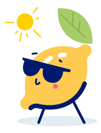 Vector summer illustration of character yellow color lemon sunbathe on a deck chair under the sun on white background. Flat style design for web, site, banner, vacancy card, holiday posterのイラスト素材