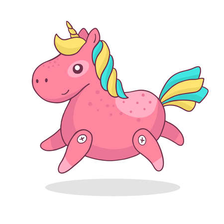 Vector illustration of magic pink unicorn with smile. Little pony with bright mane and golden horn on white background with shadow. Line art design for unicorn party poster, invitation, greeting cardのイラスト素材