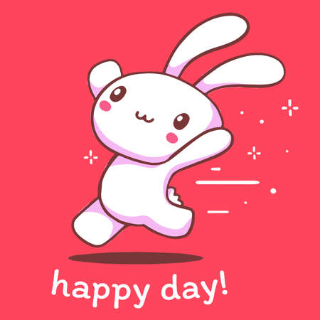 Vector illustration of lovely running fast bunny. Happy cartoon smile white rabbit on red background with text. Line art style design for greeting card, invitation, tshirt, print, stickerのイラスト素材