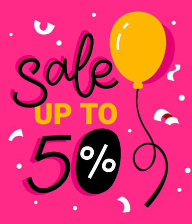 Vector sale illustration with yellow air balloon, text on pink background. Line art style design for web, banner, card, invitationのイラスト素材