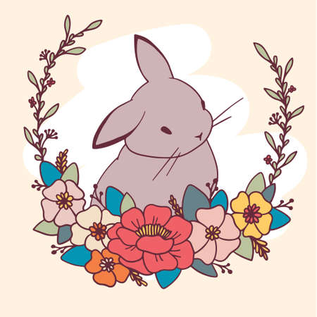 Vector illustration of portrait of lovely rabbit in color flower wreath on light background. Line art style design for web, site, greeting card, invitation, banner, posterのイラスト素材