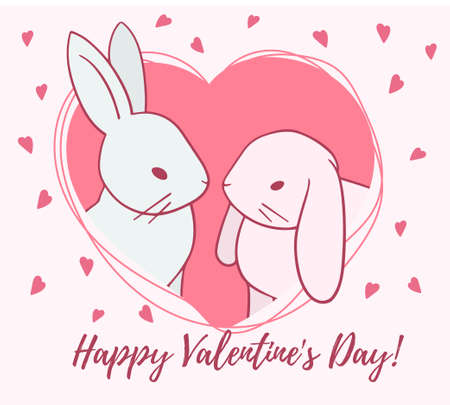 Vector illustration of romantic two rabbit in red heart frame on white background with text. Line art style design for web, site, valentine day greeting card, wedding invitation, banner, posterのイラスト素材