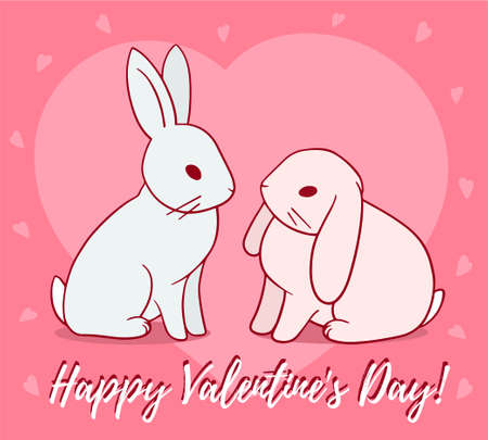 Vector illustration of romantic couple of rabbit on red background with heart and text. Line art style design with text for web, site, valentine day greeting card, wedding invitation, banner, posterのイラスト素材