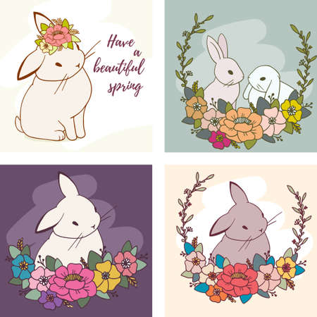 Vector spring set of illustration of lovely rabbit with flower on color background and text. Line art style design for web, site, greeting card, invitation, banner, posterのイラスト素材