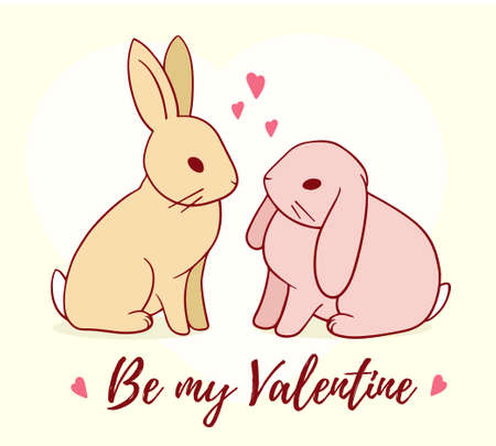 Vector illustration of romantic couple of sitting rabbit on yellow background with heart and text. Line art style design with text for web, site, valentine day greeting card, wedding invitation, banner, posterのイラスト素材