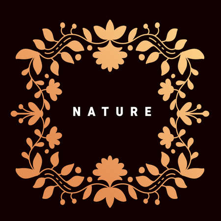 Vector golden color template with text nature and floral ornament frame on dark backgroundのイラスト素材