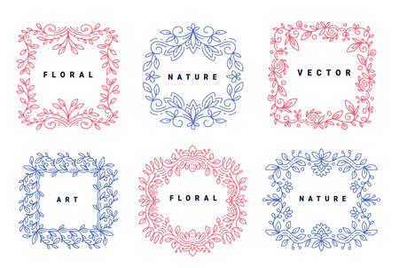 Vector set of template with color floral ornament frame and text on white backgroundのイラスト素材