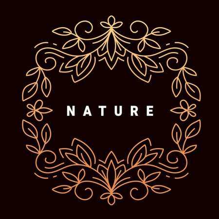 Vector golden color template with text nature and floral ornament round frame on dark backgroundのイラスト素材