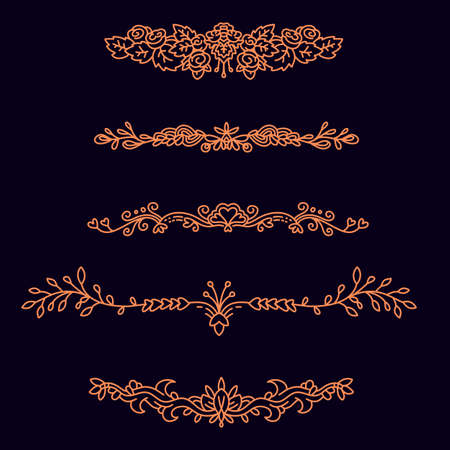 On dark background vector set of golden color floral border with ornamentのイラスト素材