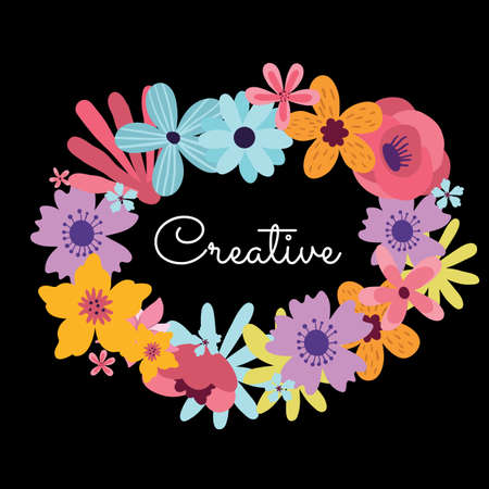 Vector beautiful illustration of floral template with flower wreath frame on black background. Flat style romantic nature design of flower poster, greeting card, spring season sale label, invitationのイラスト素材