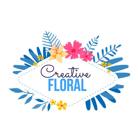 Vector spring seasonal illustration of floral color template with beautiful flower and leaves around frame on white background. Flat style design of flower poster, greeting card, spring season sale label, invitationのイラスト素材