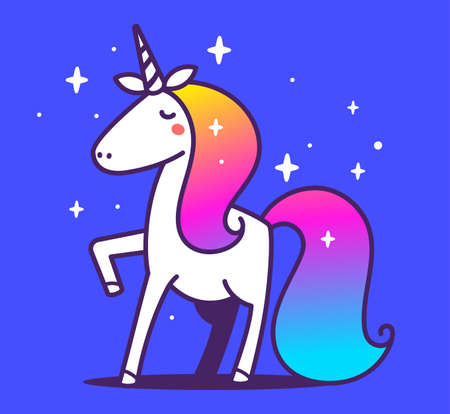 Vector line art illustration of magic white unicorn with rainbow color mane and tail on blue background with starのイラスト素材