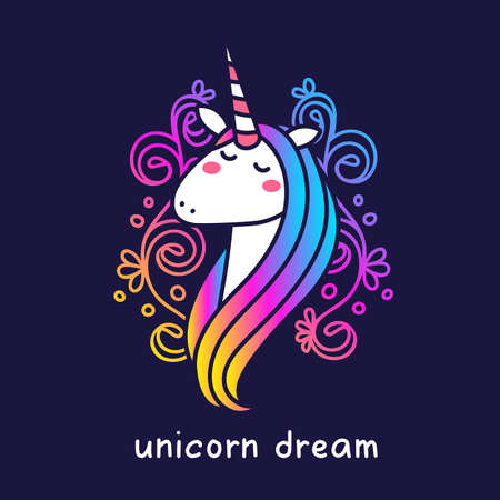 Vector line art illustration of head of magic unicorn with rainbow color mane and flower on dark background with textのイラスト素材