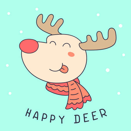 Vector illustration of cute head of happy deer with scarf on green color background with snowのイラスト素材
