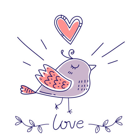 Vector romantic illustration of cute happy doodle bird with heart and word love on white color backgroundのイラスト素材
