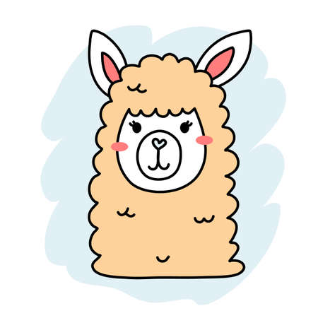 Vector illustration of head of cute happy line art yellow llama on color backgroundのイラスト素材