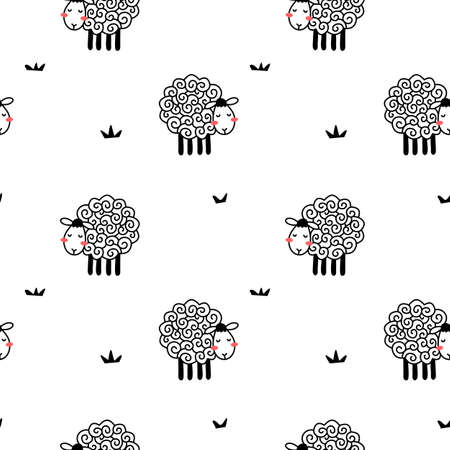 Vector seamless pattern with cute line sheep with curly wool on white color backgroundのイラスト素材