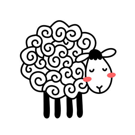 Vector illustration of cute line sheep with curly wool on white color backgroundのイラスト素材