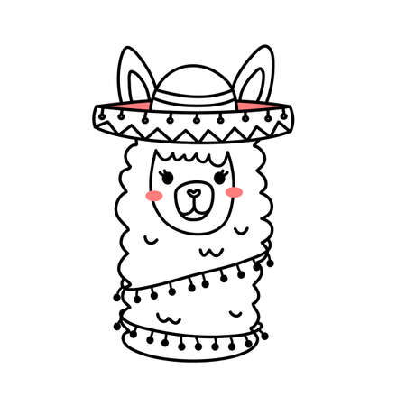 Vector illustration of head of cute line art llama with hat and accessory on white color backgroundのイラスト素材