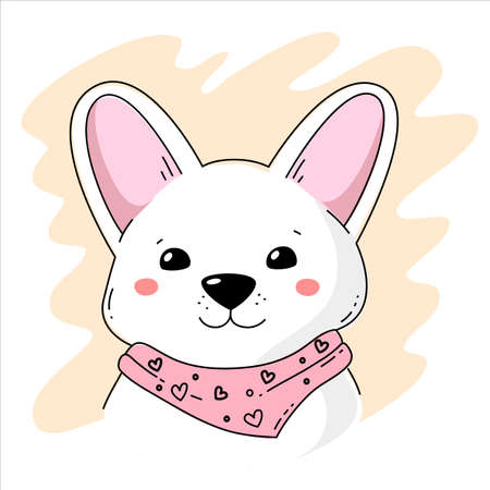 Vector illustration of cute head of dog with scarf and big ears on color backgroundのイラスト素材