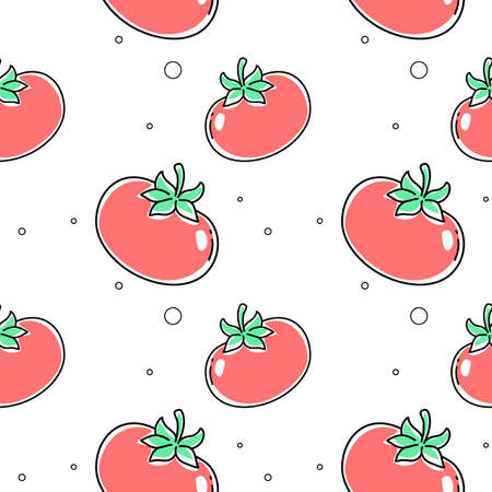 Vector seamless pattern with red tomato with green leaf on white color backgroundのイラスト素材