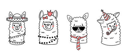 Vector set of illustration of head of cute happy line art llama with fun accessory on white color horizontal backgroundのイラスト素材