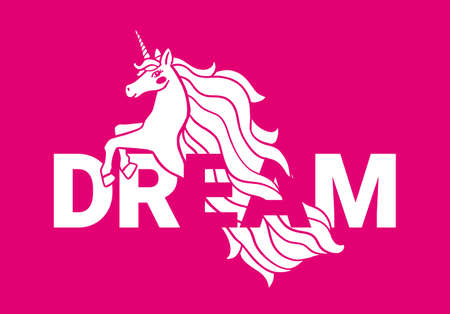 Vector illustration of head of beautiful white unicorn with horn and mane on pink color background with word dreamのイラスト素材