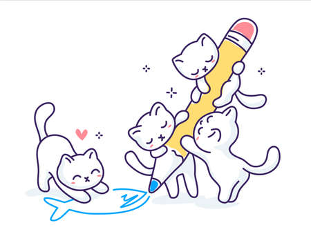 Vector illustration of cute happy cat with pencil drawing fish on white color backgroundのイラスト素材