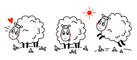 Vector set of illustration of cute happy line art sheep with curly wool in different pose on white color horizontal backgroundのイラスト素材