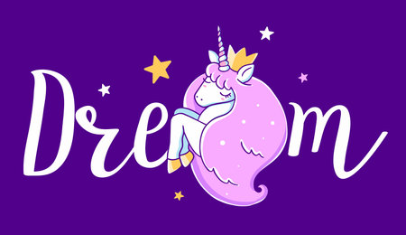 Vector illustration of head of beautiful unicorn with horn and pink mane on dark color background with word dreamのイラスト素材