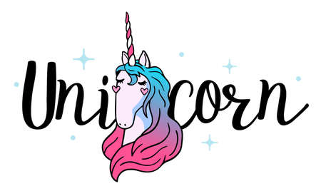 Vector illustration of head of beautiful unicorn with horn and color mane on white color background with word unicornのイラスト素材