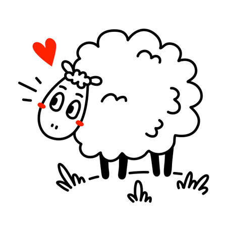 Vector illustration of cute happy line art sheep with curly wool and heart on white color backgroundのイラスト素材