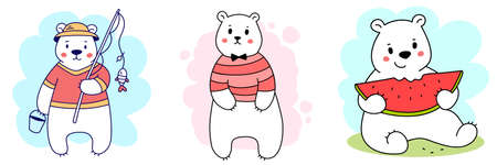 Vector set of illustration of cute happy line art bear character with different things on color backgroundのイラスト素材
