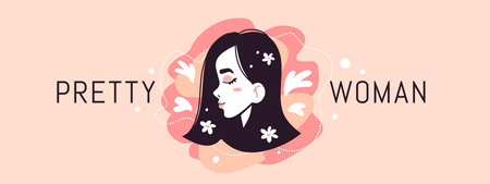 Vector illustration of head of pretty woman with close eyes on pink color background with heartのイラスト素材