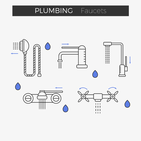 Faucets (water tap) thin line icons set. Shower included. Vector illustration for web or infographics. Equipment for bathroom or kitchen.のイラスト素材