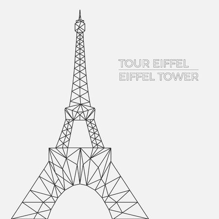 Vector illustration of Eiffel tower in polygonal style. Schematicl image of tower in blueprint style for postcards, prints or other design. World famous landmark.のイラスト素材