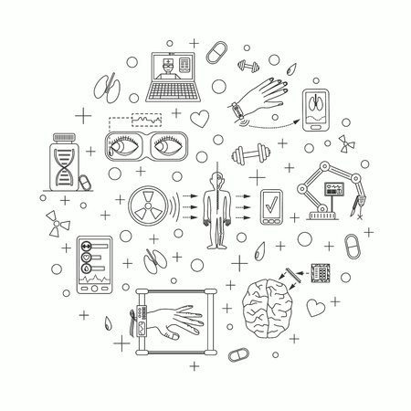 Vector illustration of future medicine trends. Medical gadgets and technological innovations. Thin line icons set of concept art. White background. Round shape align.のイラスト素材